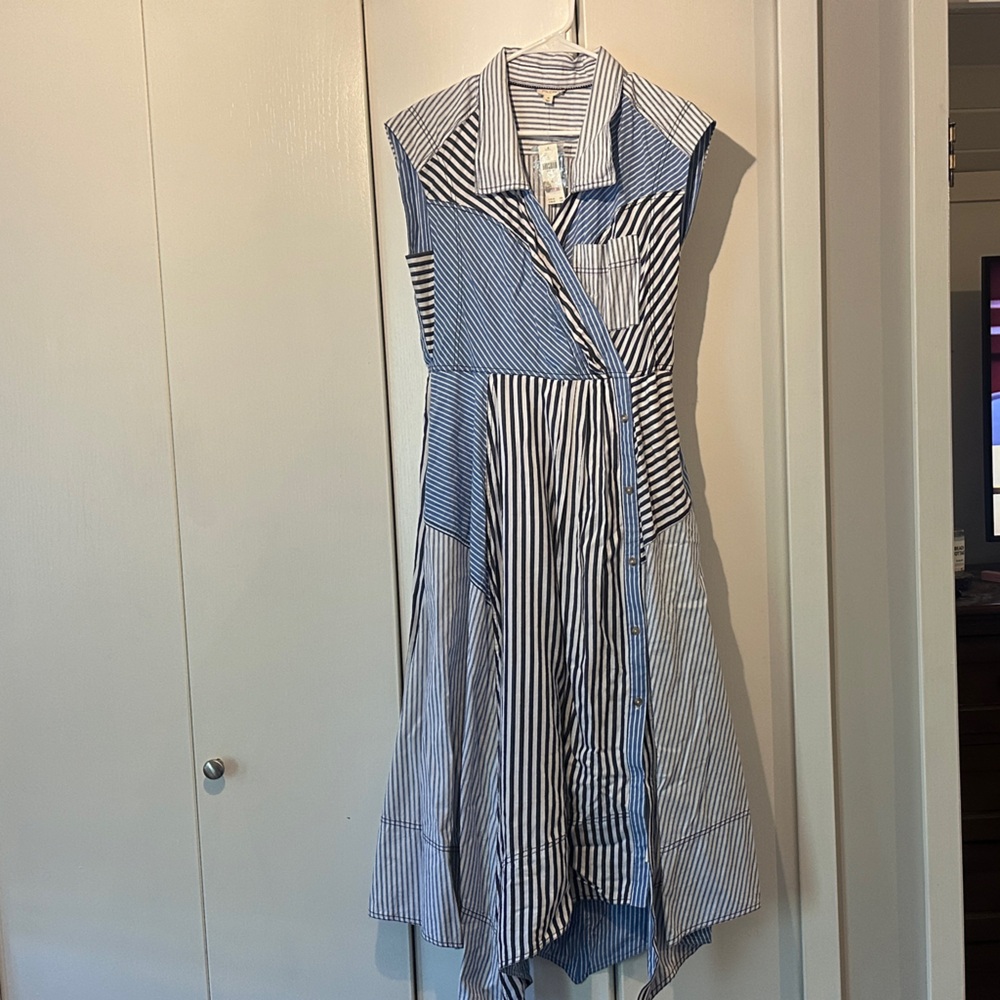 Pilcro Blue and White Striped Sleeveless Shirt Dress
